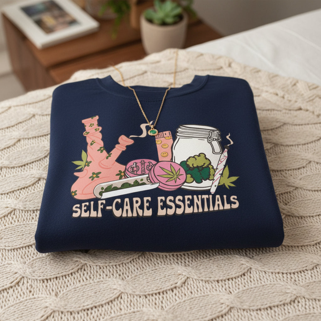 A navy blue crewneck sweatshirt featuring a colorful graphic of self-care and healing elements, including a pink bong, a jar, a heart, and a flower, with the text 'SELF-CARE ESSENTIALS' printed below.