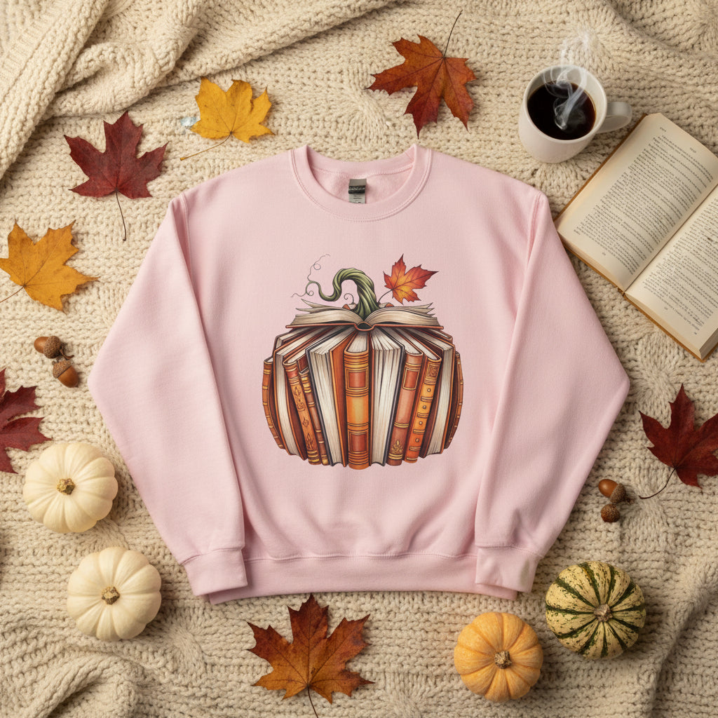A light pink crewneck sweatshirt featuring a graphic of a pumpkin made from stacked books with a green stem and an orange autumn leaf on top, displayed on a clean white background.