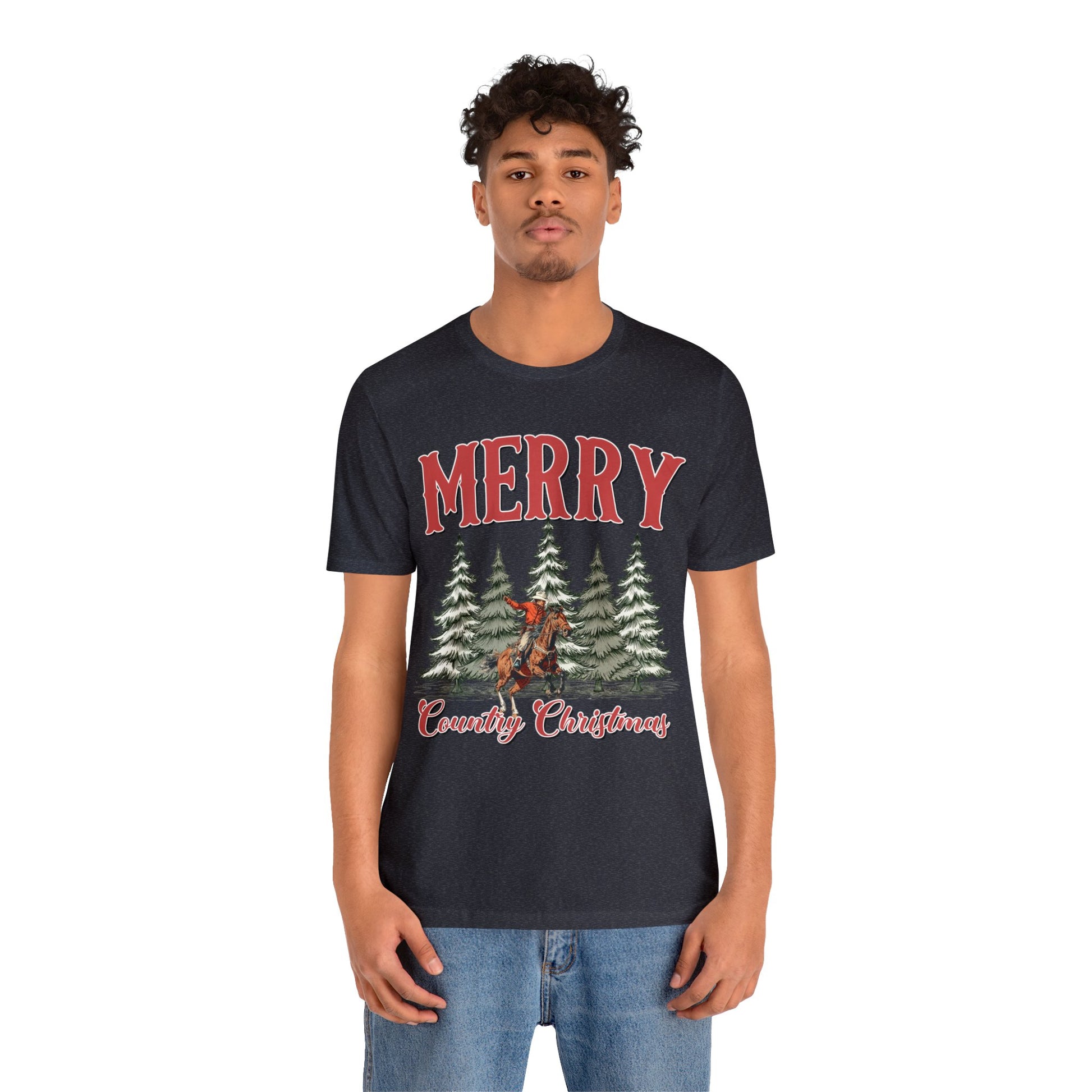 Merry Country Christmas T-Shirt, Western Cowgirl Xmas Tee, Cowboy Rodeo Holiday Shirt, Christmas Pine Tree Tshirt, Christmas Shirt Gift Idea - Teez Closet