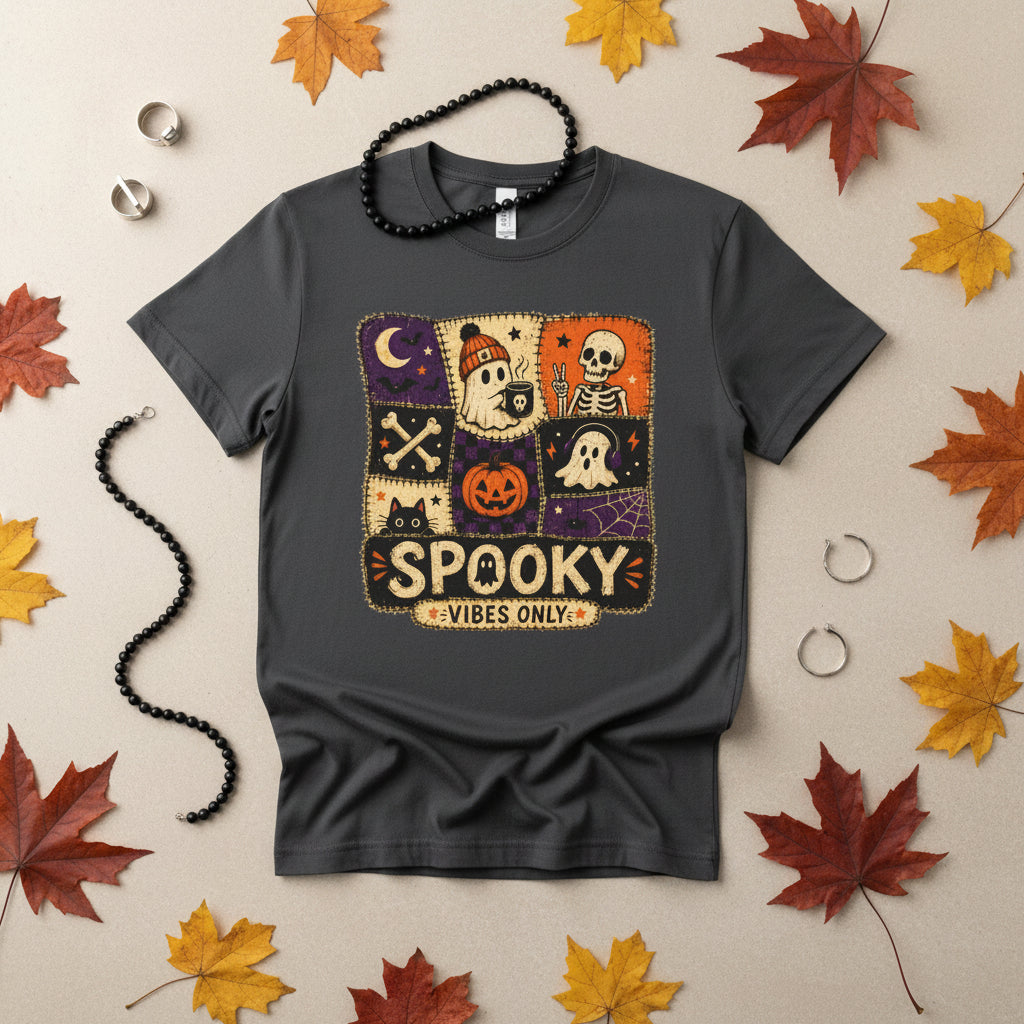 Spooky Vibes Only Halloween T-Shirt- Cute Ghost & Pumpkin Graphic Tee