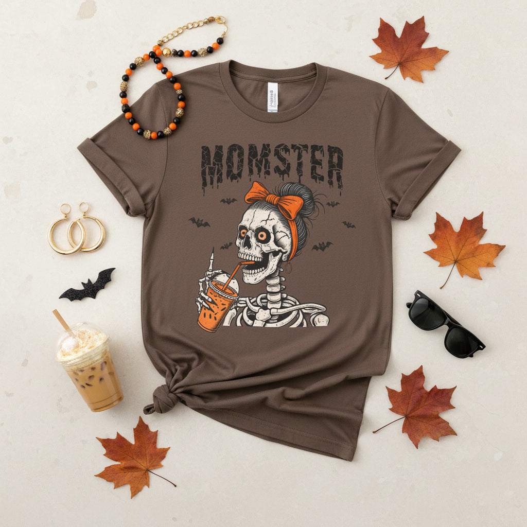 Momster Skeleton Halloween T-Shirt — Retro Skull Drinking Boba Graphic Mom Tee