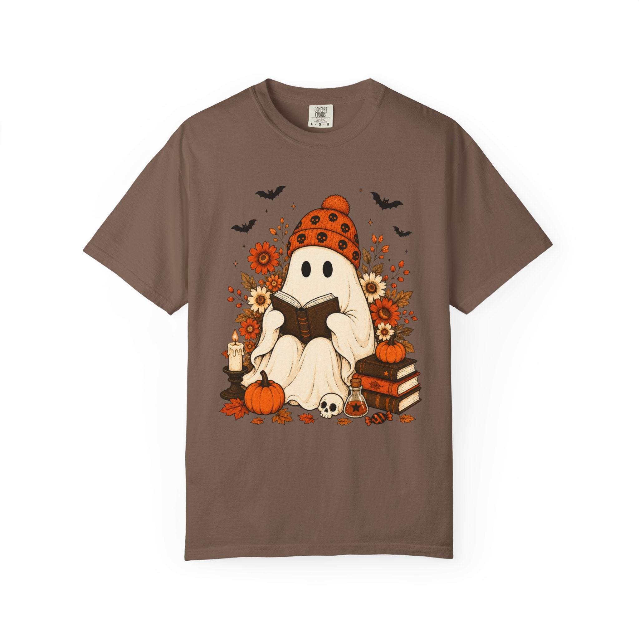Cozy Halloween Ghost Tee — Reading Ghost with Pumpkin & Books