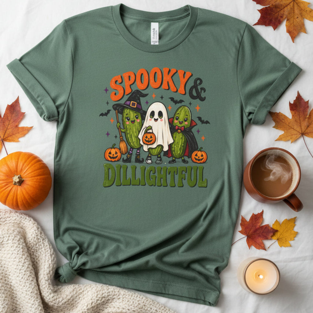 A dark green short-sleeve t-shirt with a colorful Halloween graphic on the chest. The graphic features the text 'SPOOKY & DILIGHTFUL' in orange and green, surrounding cute illustrations of three cacti dressed as ghosts, pumpkins, and bats.
