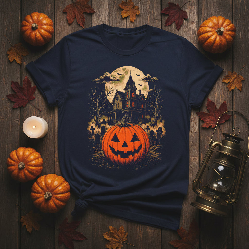 A navy blue short-sleeve crewneck t-shirt featuring a detailed Halloween graphic print on the front. The graphic depicts a glowing orange jack-o'-lantern pumpkin in the foreground, with a spooky haunted house, bare trees, bats, and a full moon in the background.
