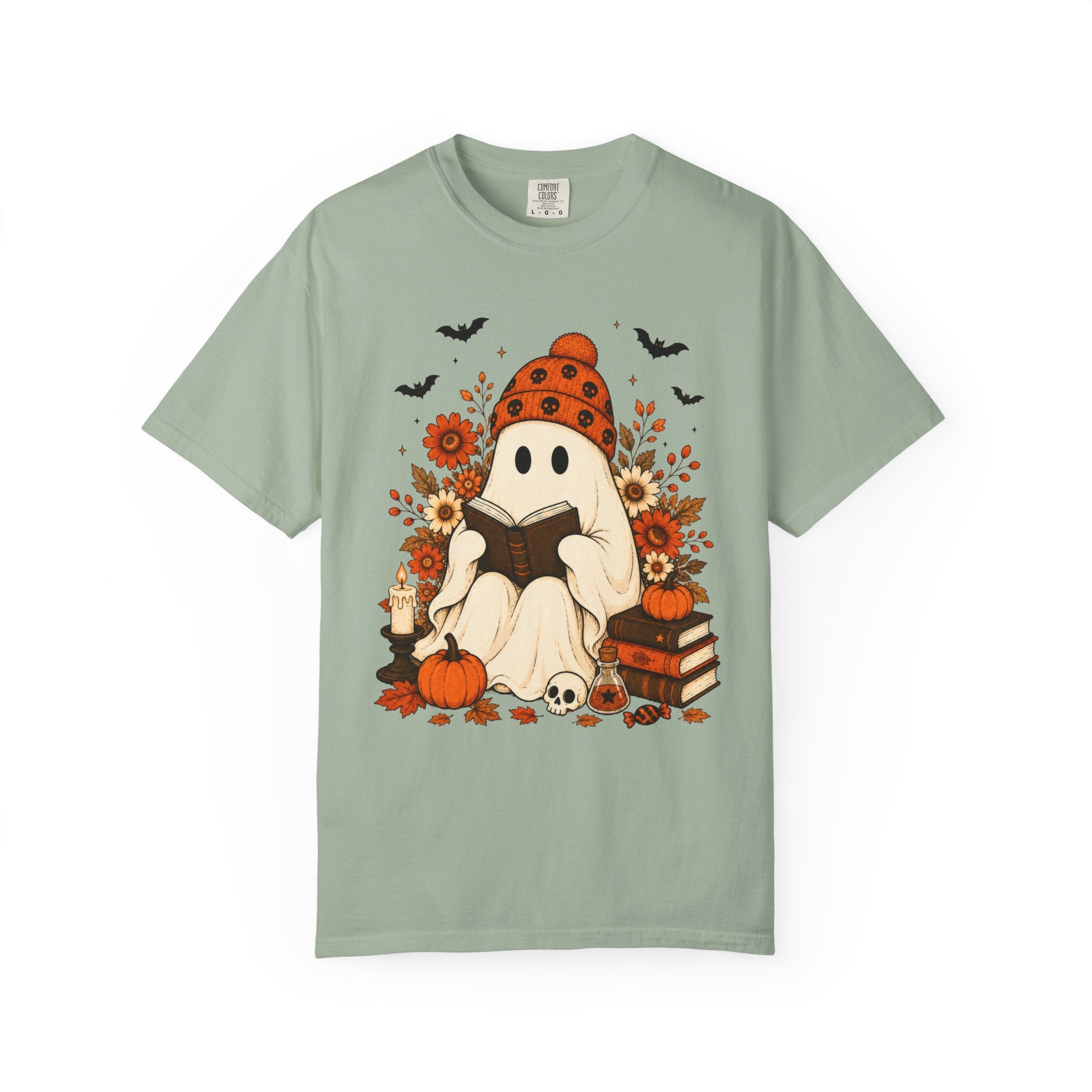 Cozy Halloween Ghost Tee — Reading Ghost with Pumpkin & Books