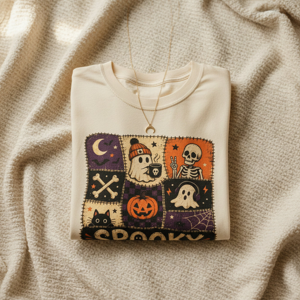 An off-white short-sleeve crewneck t-shirt featuring a retro 3x3 patchwork-style graphic with Halloween illustrations (skeleton, ghost, pumpkin, cat) and the text 'SPOOKY VIBES ONLY' in a patchwork design.