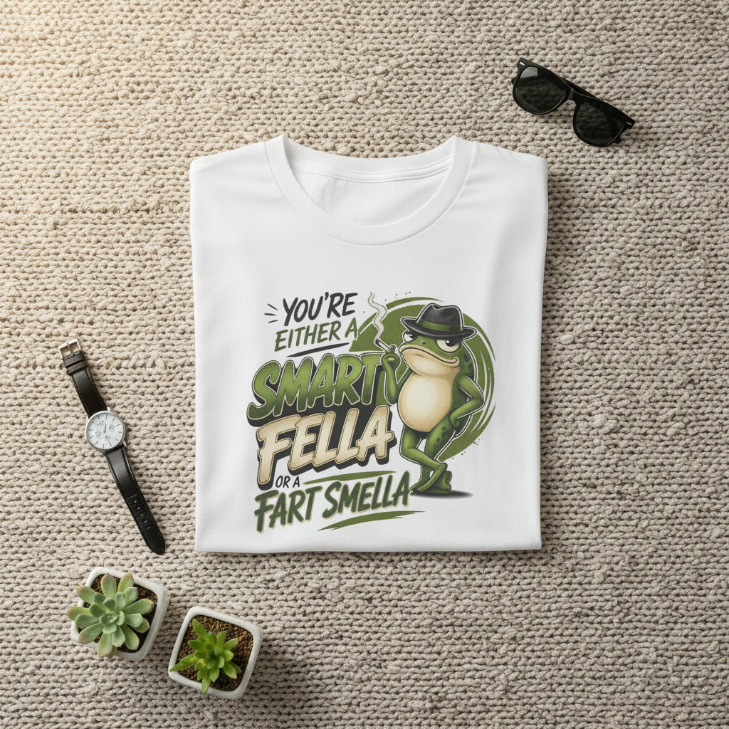A white short-sleeve crewneck t-shirt featuring a graphic print on the front. The graphic displays a cartoon frog wearing a black hat and sunglasses, next to the text 'YOU'RE EITHER A SMART FELLA OR FART SMELLA' in green, brown, and beige lettering.