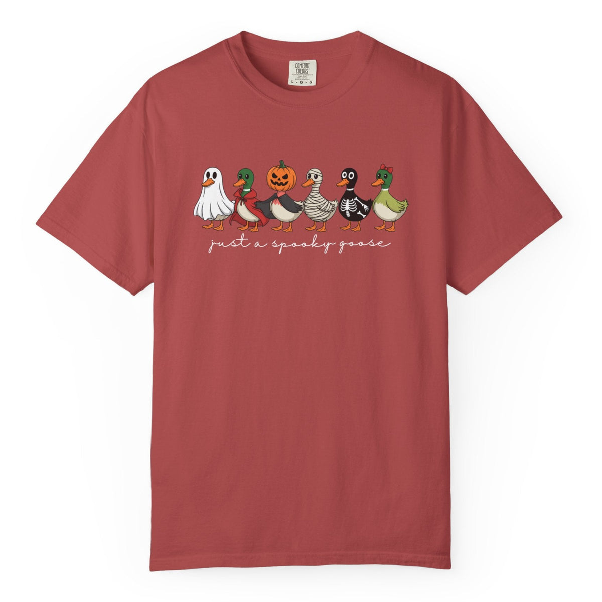 A dusty red short-sleeve t-shirt with a graphic of six cute cartoon ducks dressed in Halloween costumes on the chest, with the text 'just a spooky goose' written below in white script.