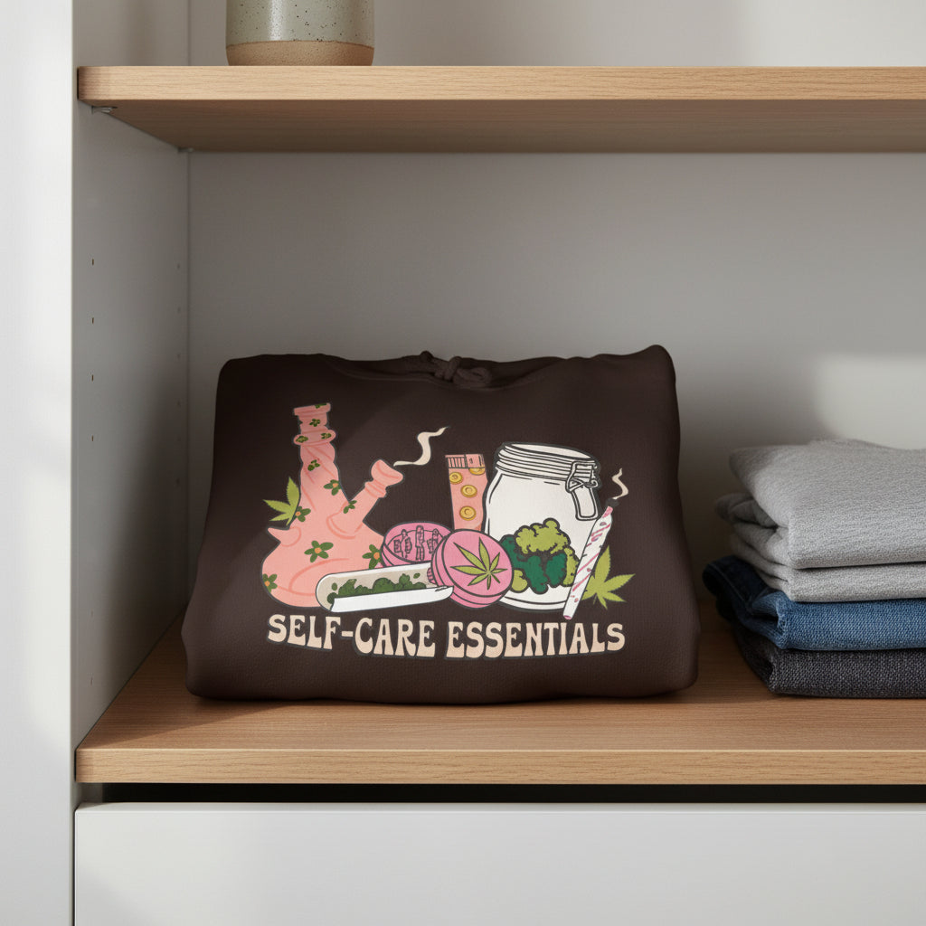 A dark brown pullover hoodie with a colorful graphic on the chest depicting a pink bong, a pink cup, a rolling machine, and a jar with the text 'SELF-CARE ESSENTIALS' underneath, shown against a plain white background.