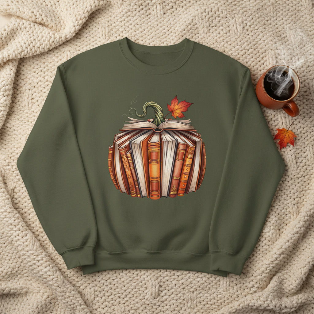 An olive green crewneck sweatshirt featuring a graphic of stacked open books forming a pumpkin with a small orange leaf on top, displayed on a clean white background.