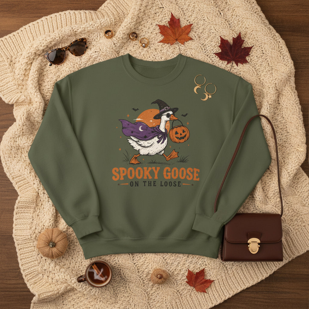An olive green crewneck sweatshirt featuring a cartoon graphic of a goose dressed as a witch holding a jack-o'-lantern, with the text 'SPOOKY GOOSE ON THE LOOSE' printed below.