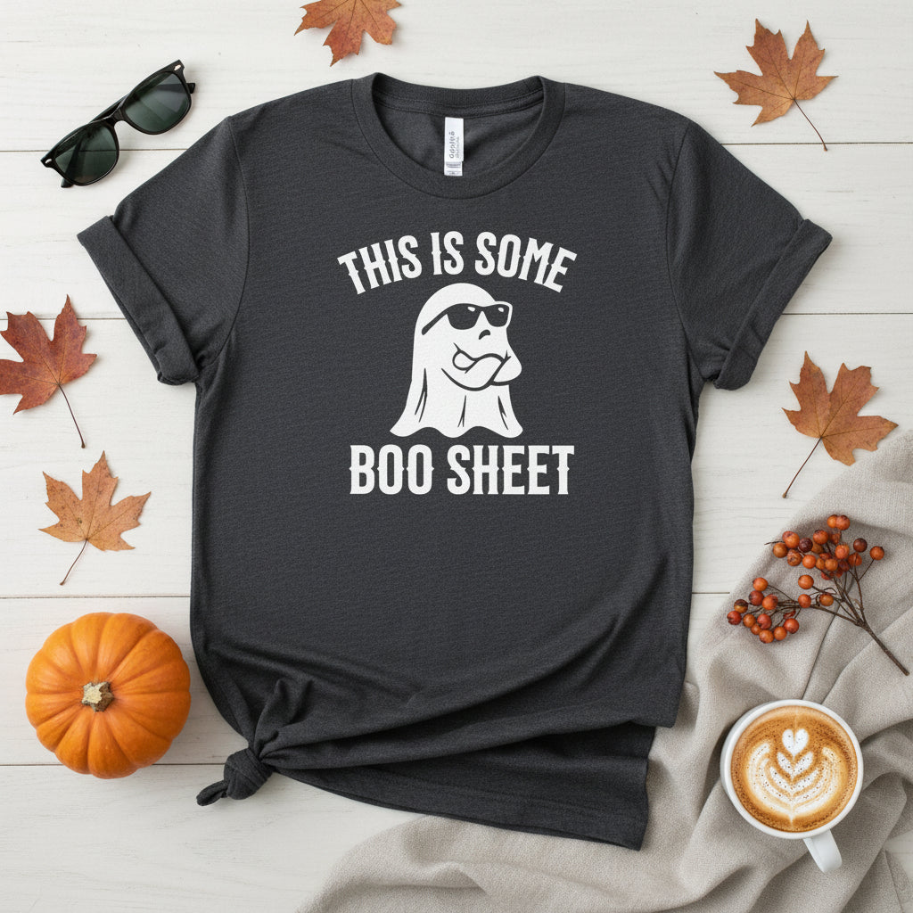 A dark gray heather t-shirt with a white graphic print of a ghost wearing sunglasses and the text 'THIS IS SOME BOO SHEET' on a solid white background.