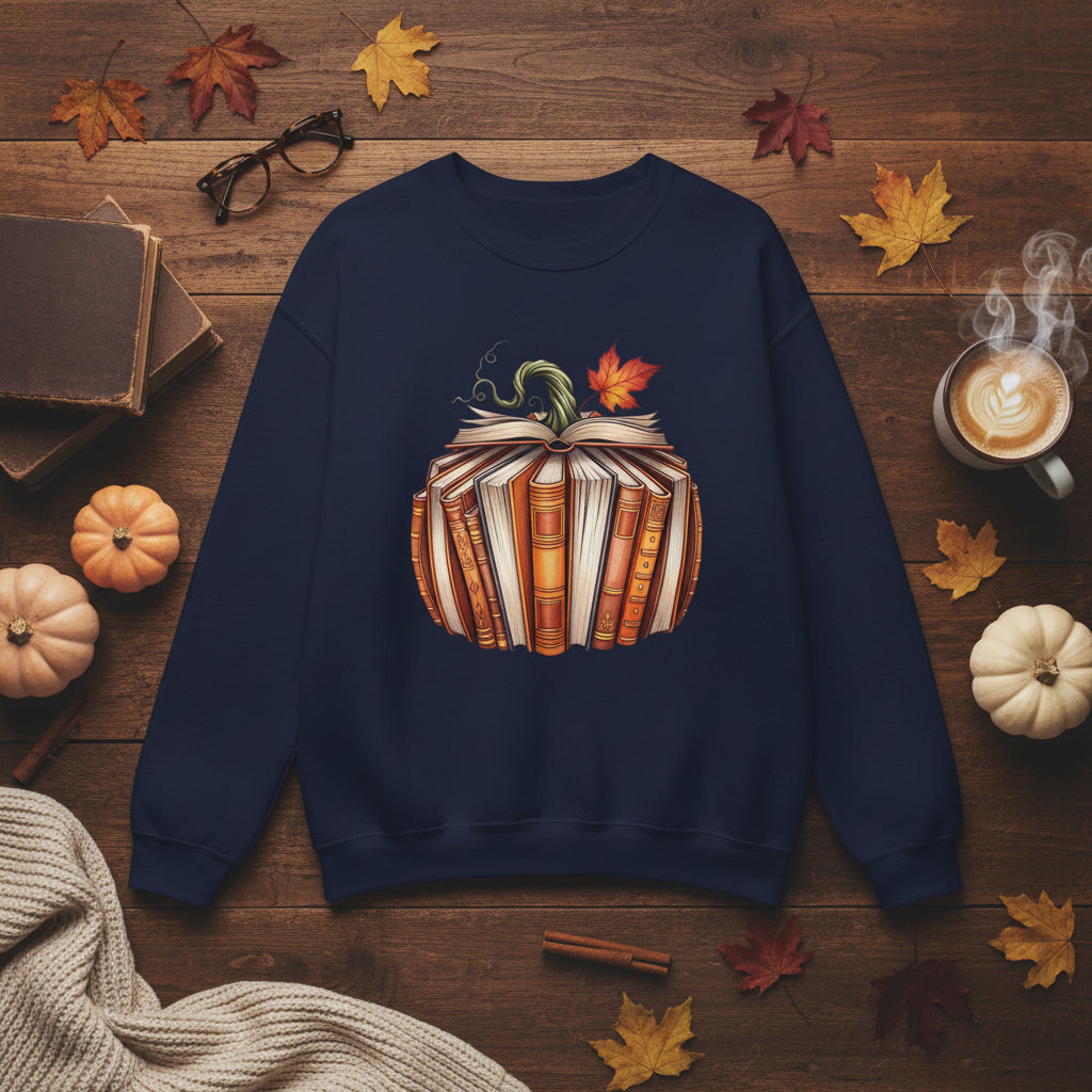A navy blue crewneck sweatshirt featuring a graphic print of a pumpkin made from stacked open books with a small orange autumn leaf on top, displayed against a solid white background.
