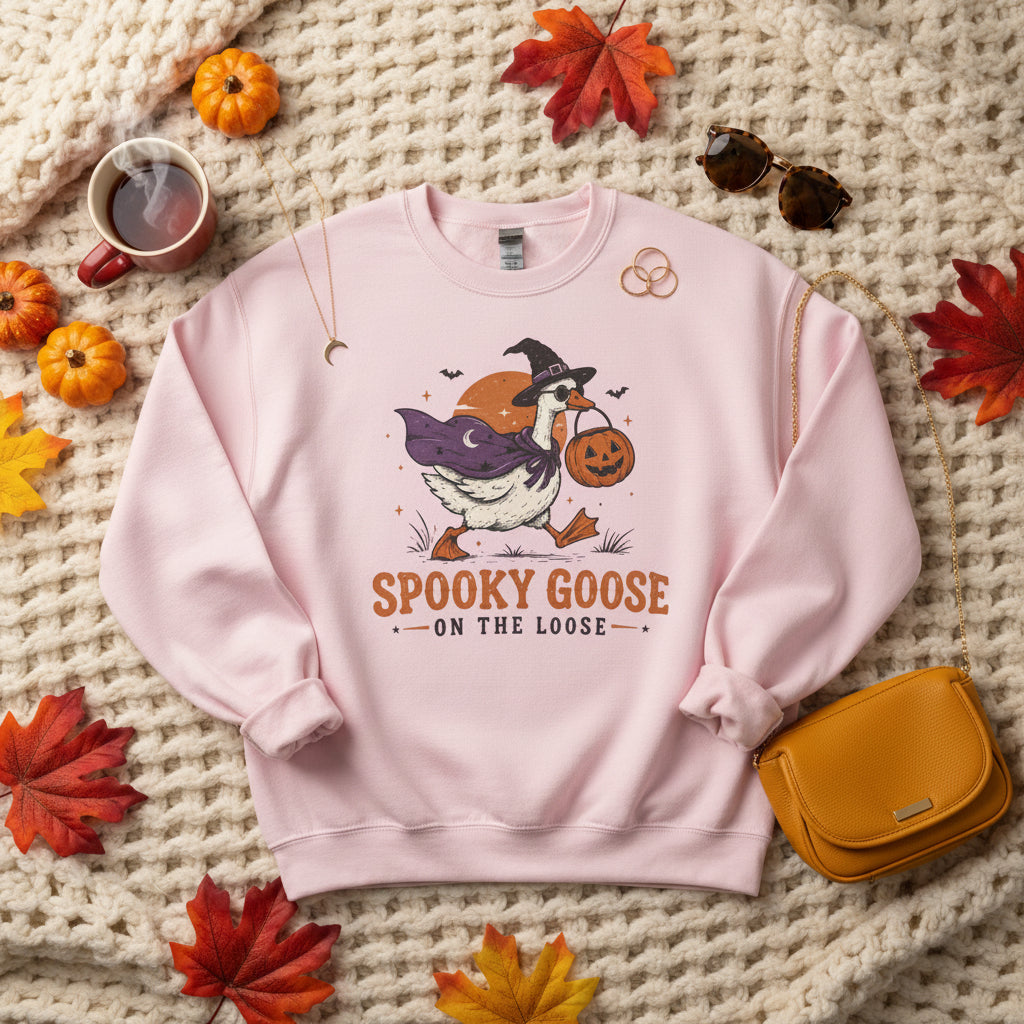 A light pink crewneck sweatshirt featuring a cartoon graphic of a goose dressed as a witch holding a jack-o'-lantern, with the text 'SPOOKY GOOSE ON THE LOOSE' printed below.