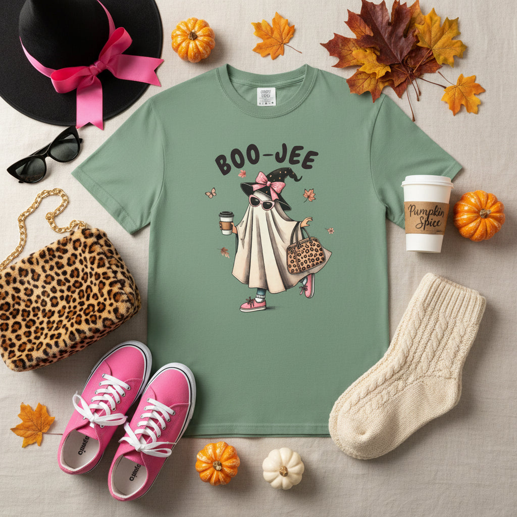A sage green short-sleeve t-shirt with a graphic of a ghostly dog dressed as a witch holding a coffee cup and a leopard-print bag, with the text 'BOO-JEE' above it, displayed on a clean white background.