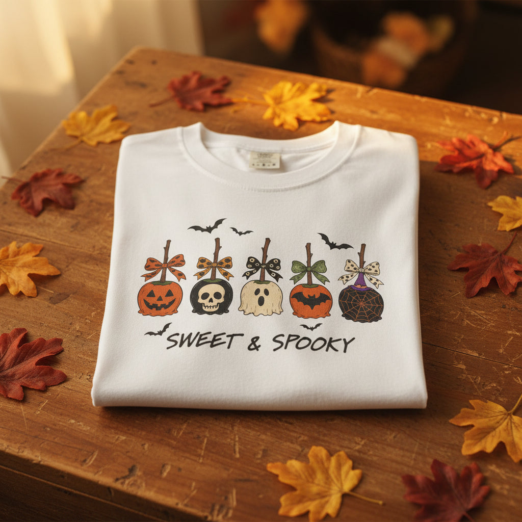 A white short-sleeve crewneck t-shirt featuring a 'Sweet & Spooky' Halloween graphic on the chest