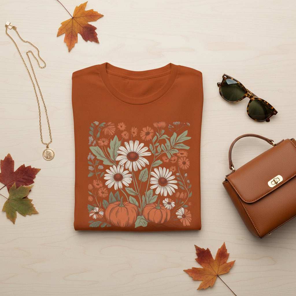 A rust-orange short-sleeve crewneck t-shirt featuring a square graphic print of white daisies, orange pumpkins, and green foliage on a white background.