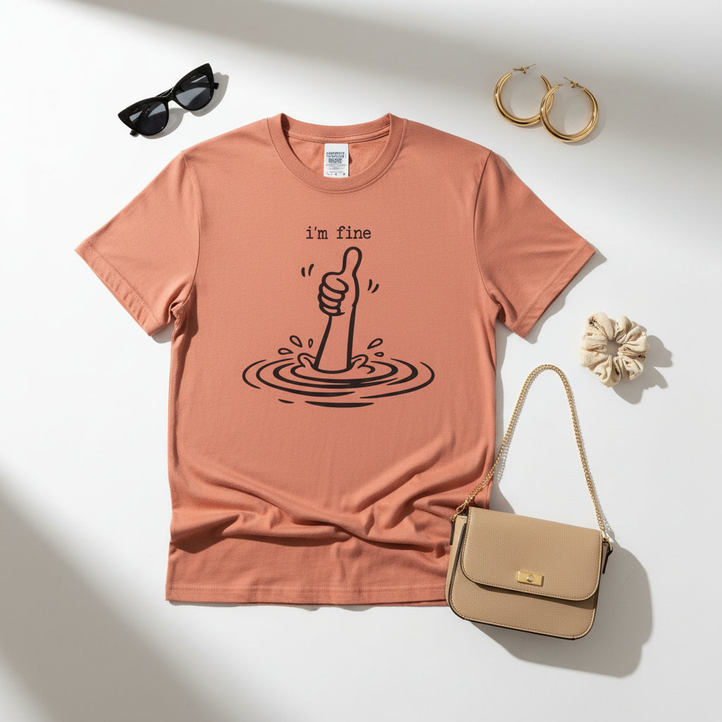 Pink  short-sleeve crewneck t-shirt featuring a black graphic of a hand giving a thumbs-up with ripples and the text 'i'm fine' printed on the chest.