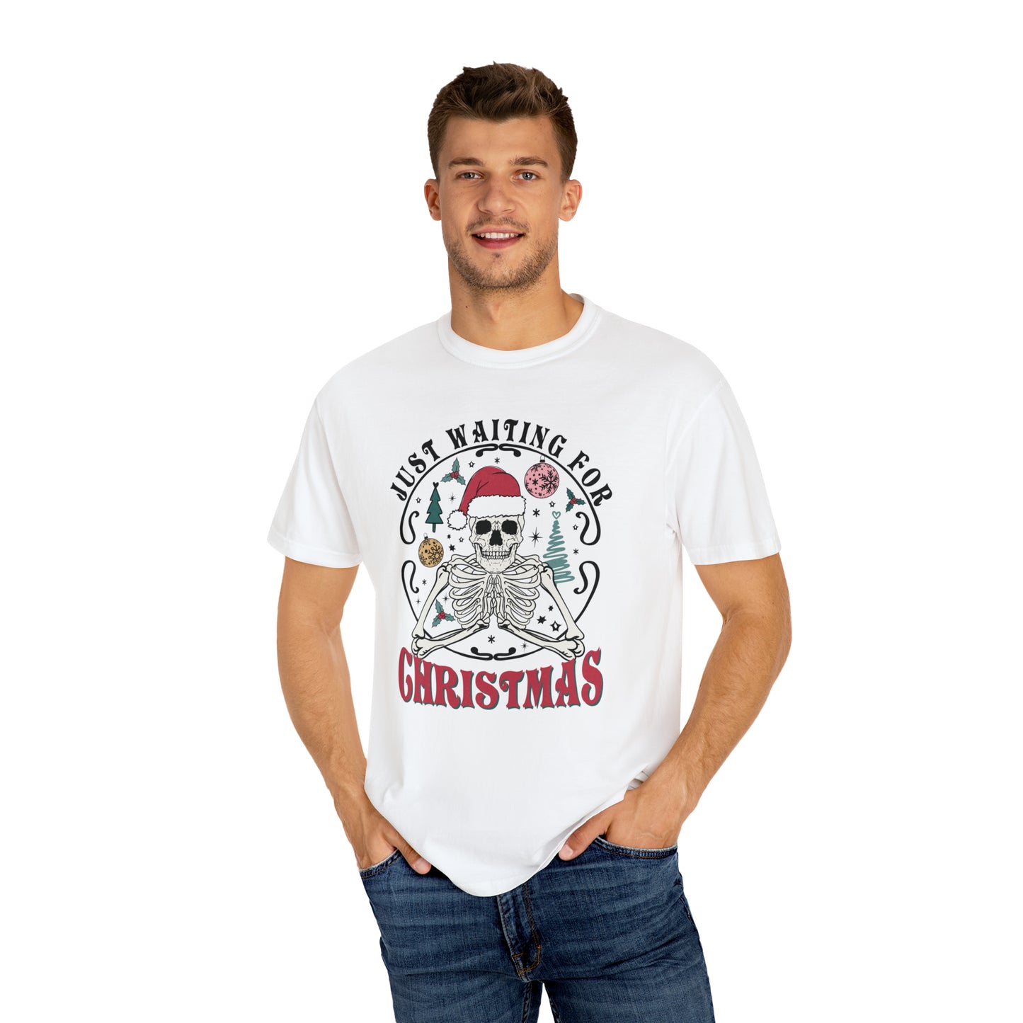 Waiting For Christmas Santa Skeleton on Comfort Color TShirt, Women Cute Oversized Xmas Shirt, Men Holiday Tee Gift, Funny Christmas top