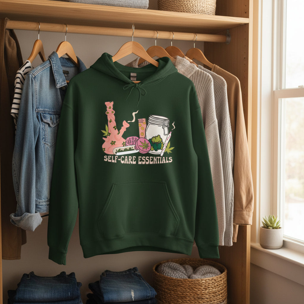 A Forest green pullover hoodie with a colorful graphic on the chest depicting a pink bong, a pink cup, a rolling machine, and a jar with the text 'SELF-CARE ESSENTIALS'