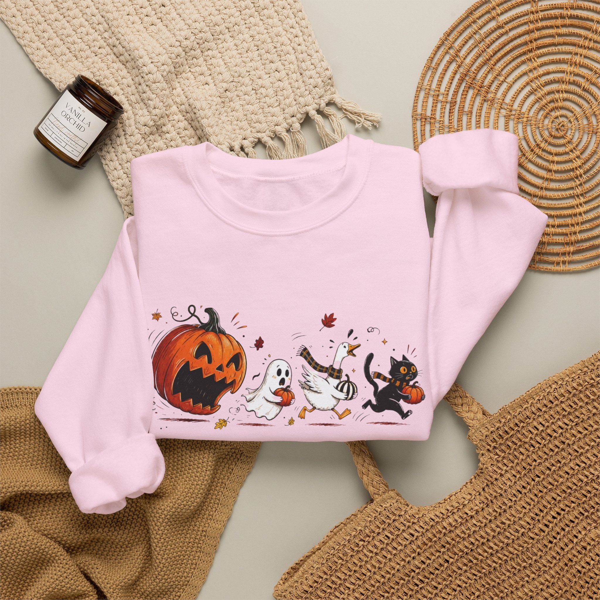 Halloween Crewneck Sweatshirt — Ghost & Jack-o'-Lantern Graphic