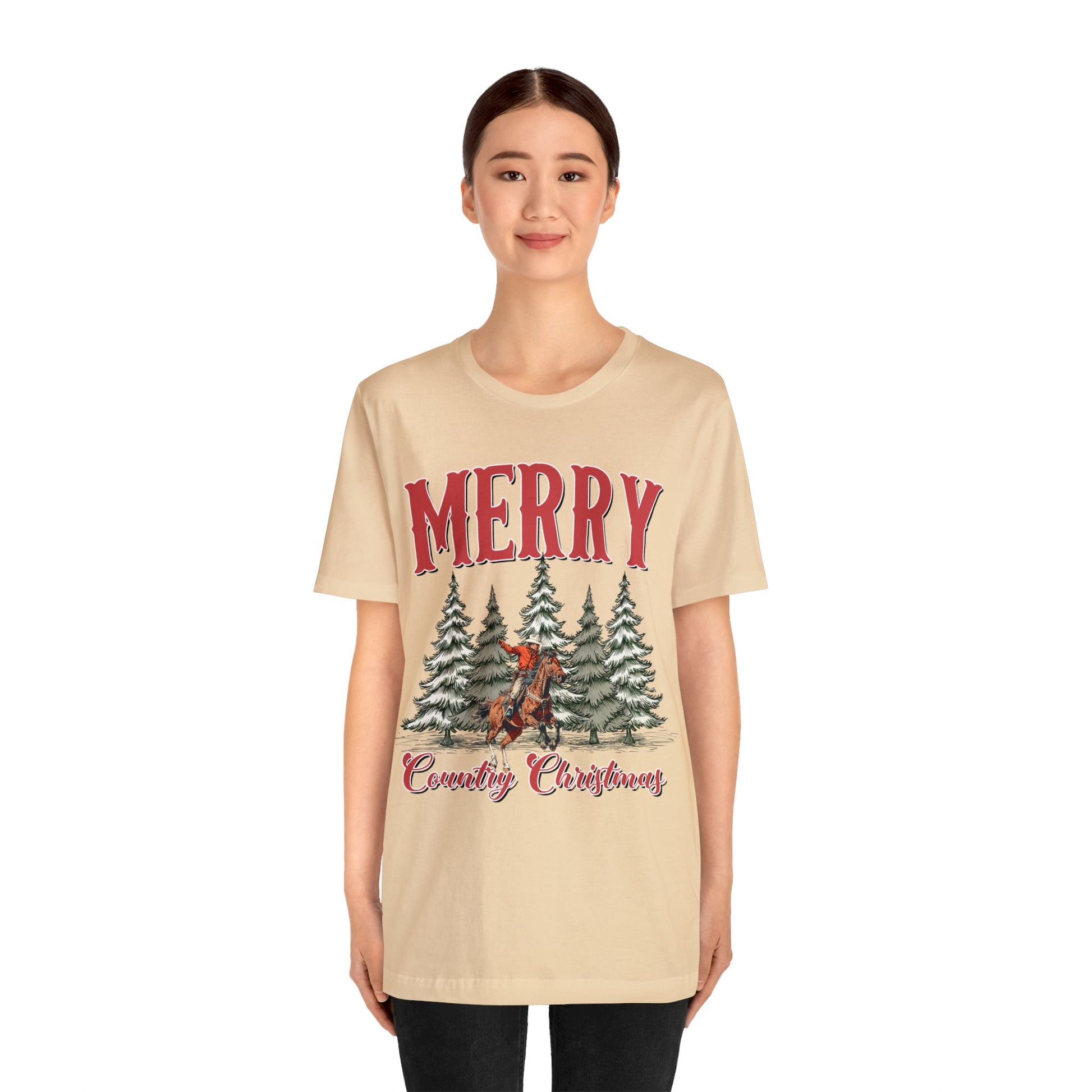Merry Country Christmas T-Shirt, Western Cowgirl Xmas Tee, Cowboy Rodeo Holiday Shirt, Christmas Pine Tree Tshirt, Christmas Shirt Gift Idea - Teez Closet