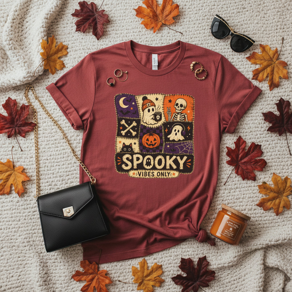 A dusty rose short-sleeve t-shirt with a central square graphic featuring Halloween-themed illustrations like a skeleton, ghost, jack-o'-lantern, and moon, with the text 'SPOOKY VIBES ONLY'.