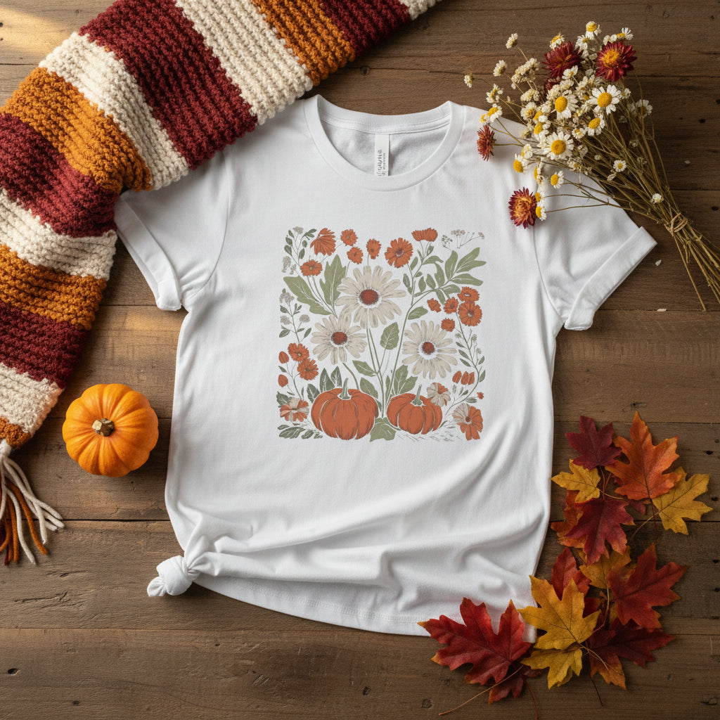 A white short-sleeve crewneck t-shirt featuring a square graphic print on the front with orange pumpkins and a variety of white and orange flowers with green leaves.