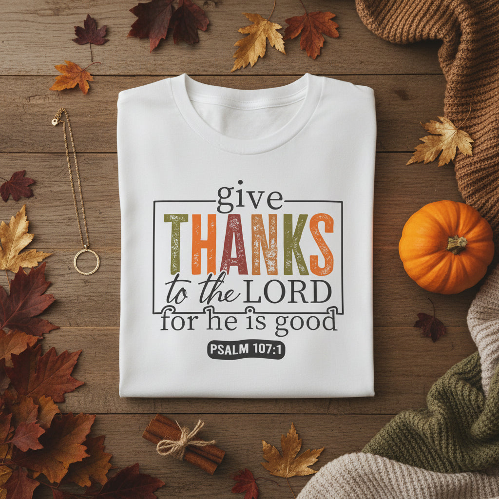 A white short-sleeve crewneck t-shirt featuring a graphic print on the front with the text 'give THANKS to the LORD for he is good PSALM 107:1'. The word 'THANKS' is printed in a distressed, multi-colored font (green, orange, red, and brown) inside a thin black rectangular border.