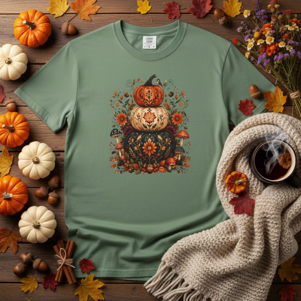 A sage green short-sleeve crewneck t-shirt featuring a central graphic of stacked pumpkins decorated with intricate mandala patterns in orange, black, and cream, surrounded by autumn leaves and mushrooms.