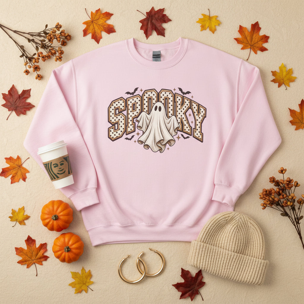 A light pink crewneck sweatshirt featuring a 'Spooky' Halloween graphic on the front, including a ghost, bats, and leopard-print lettering, shown against a plain white background.