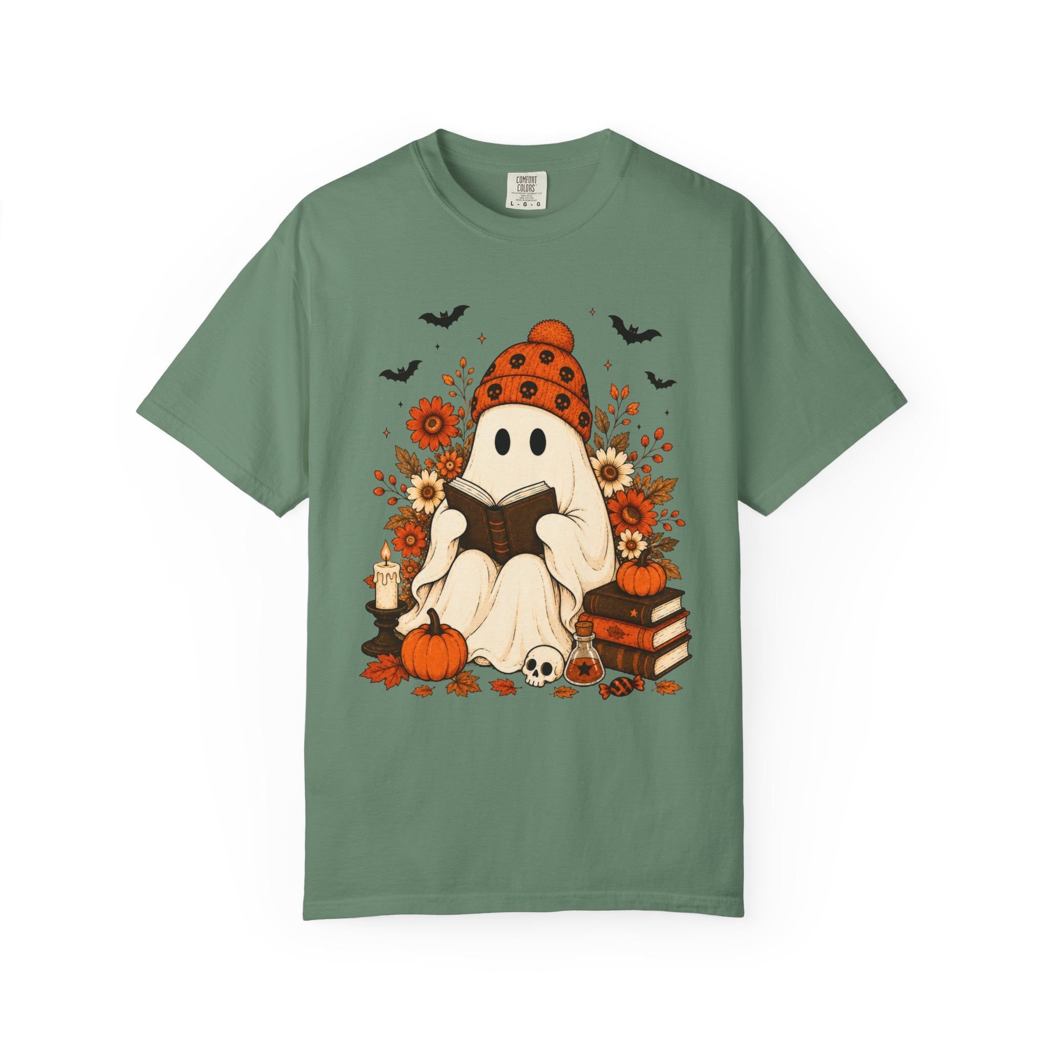 Cozy Halloween Ghost Tee — Reading Ghost with Pumpkin & Books