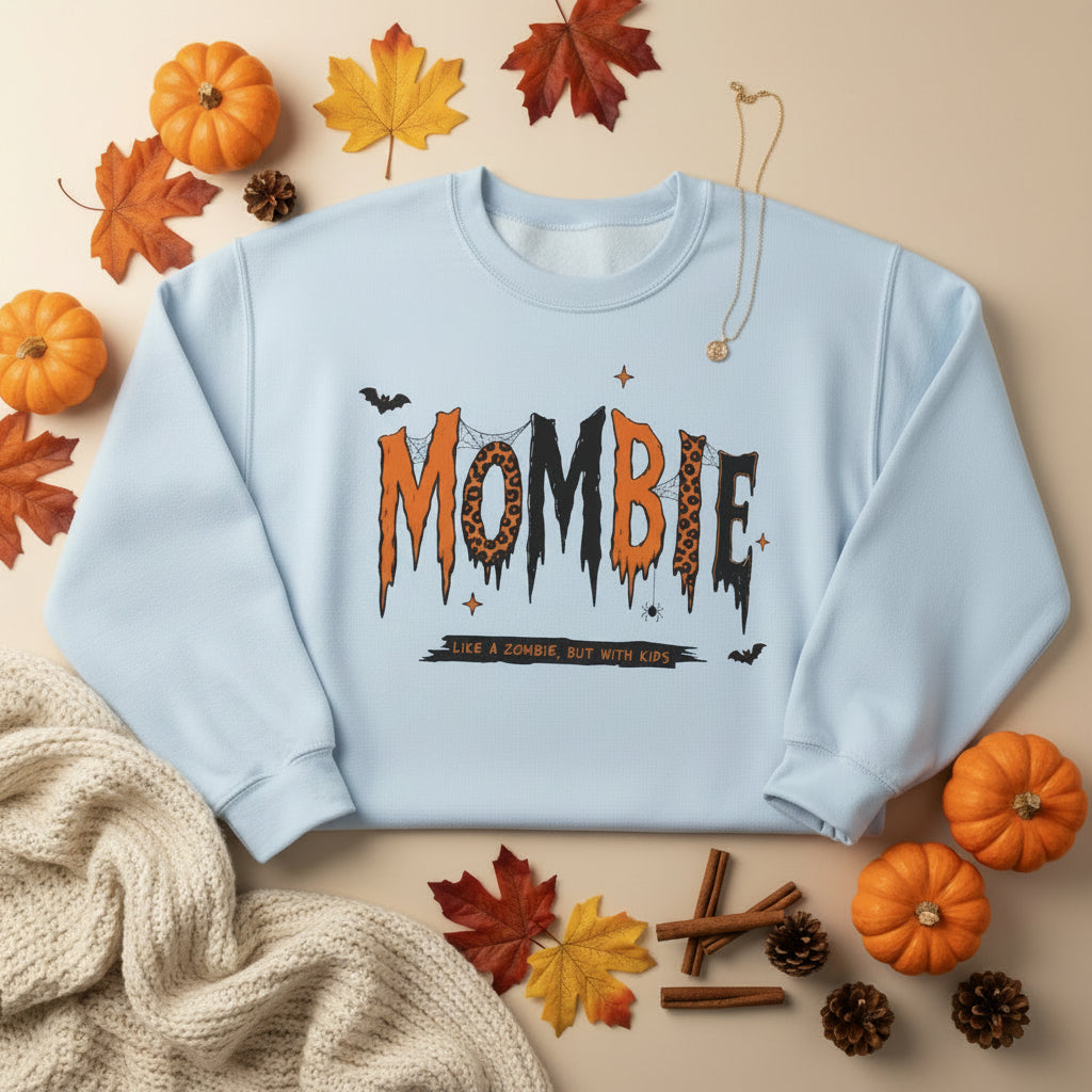 A light blue crewneck sweatshirt featuring a Halloween-themed graphic on the chest that reads 'MOMBIE' in dripping orange, black, and leopard-print lettering, with small bats and stars.
