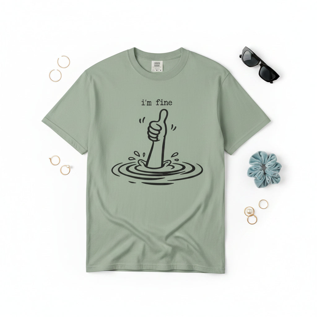 A sage green short-sleeve t-shirt with a black graphic of an arm sticking its head out of water ripples, with the text 'i'm fine' above it, displayed on a clean white background.