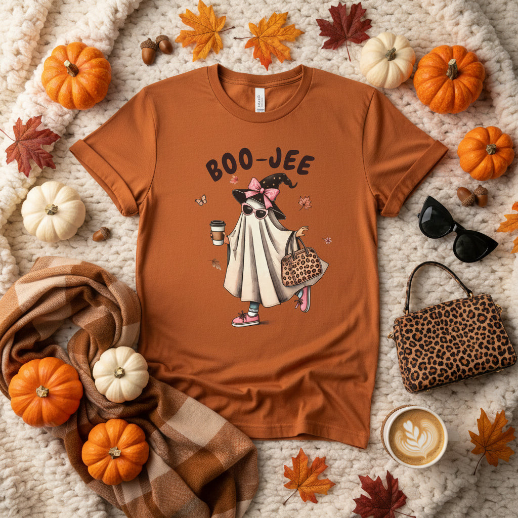 Boo-Jee Ghost T-Shirt — Cute Ghost with Coffee & Leopard Tote, Halloween Cozy Tee