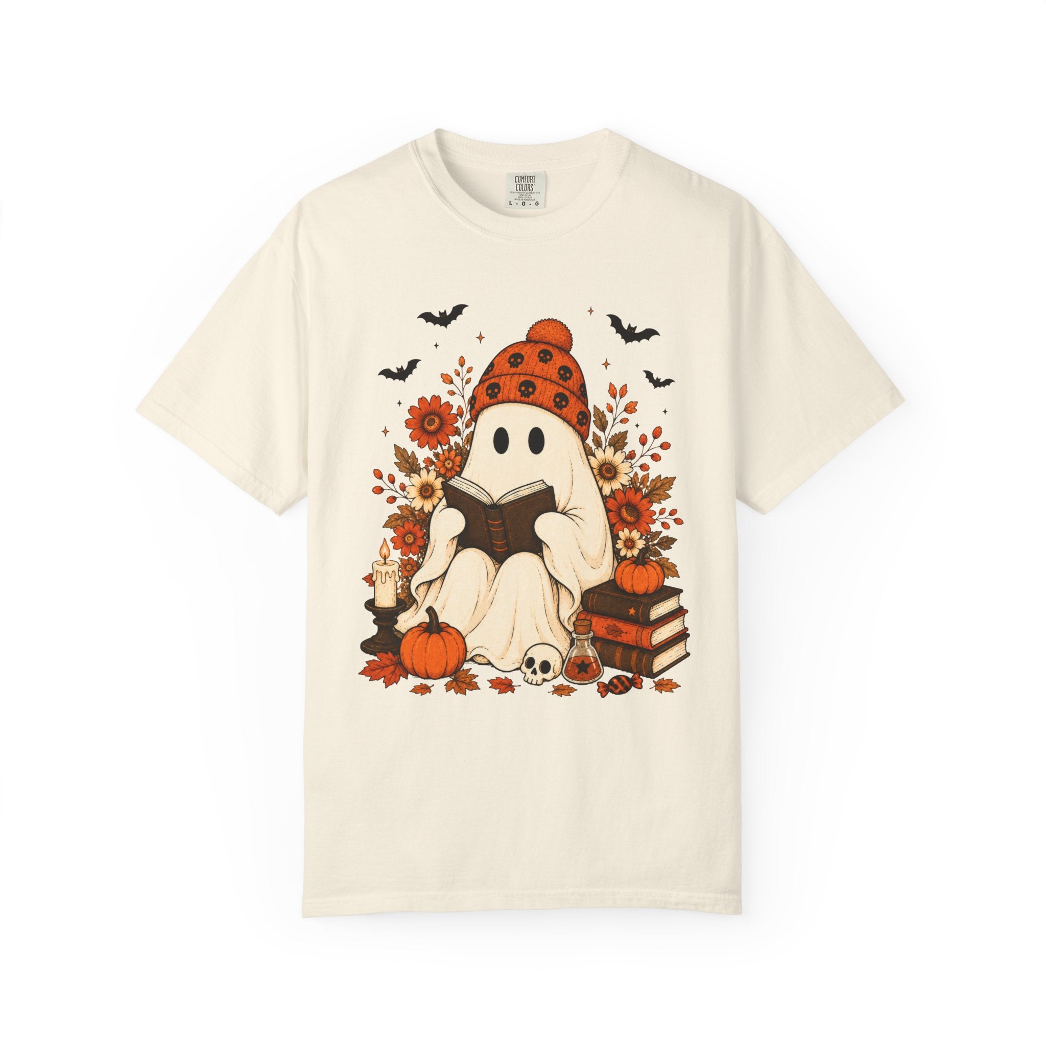 Cozy Halloween Ghost Tee — Reading Ghost with Pumpkin & Books