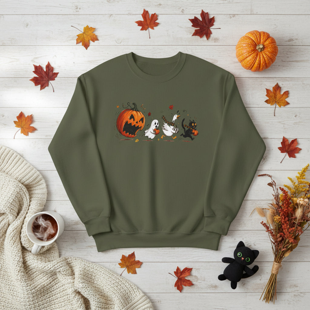 An olive green crewneck sweatshirt featuring a cartoon Halloween graphic on the chest with a jack-o'-lantern, ghosts, a cat, and autumn leaves, displayed on a clean white background.
