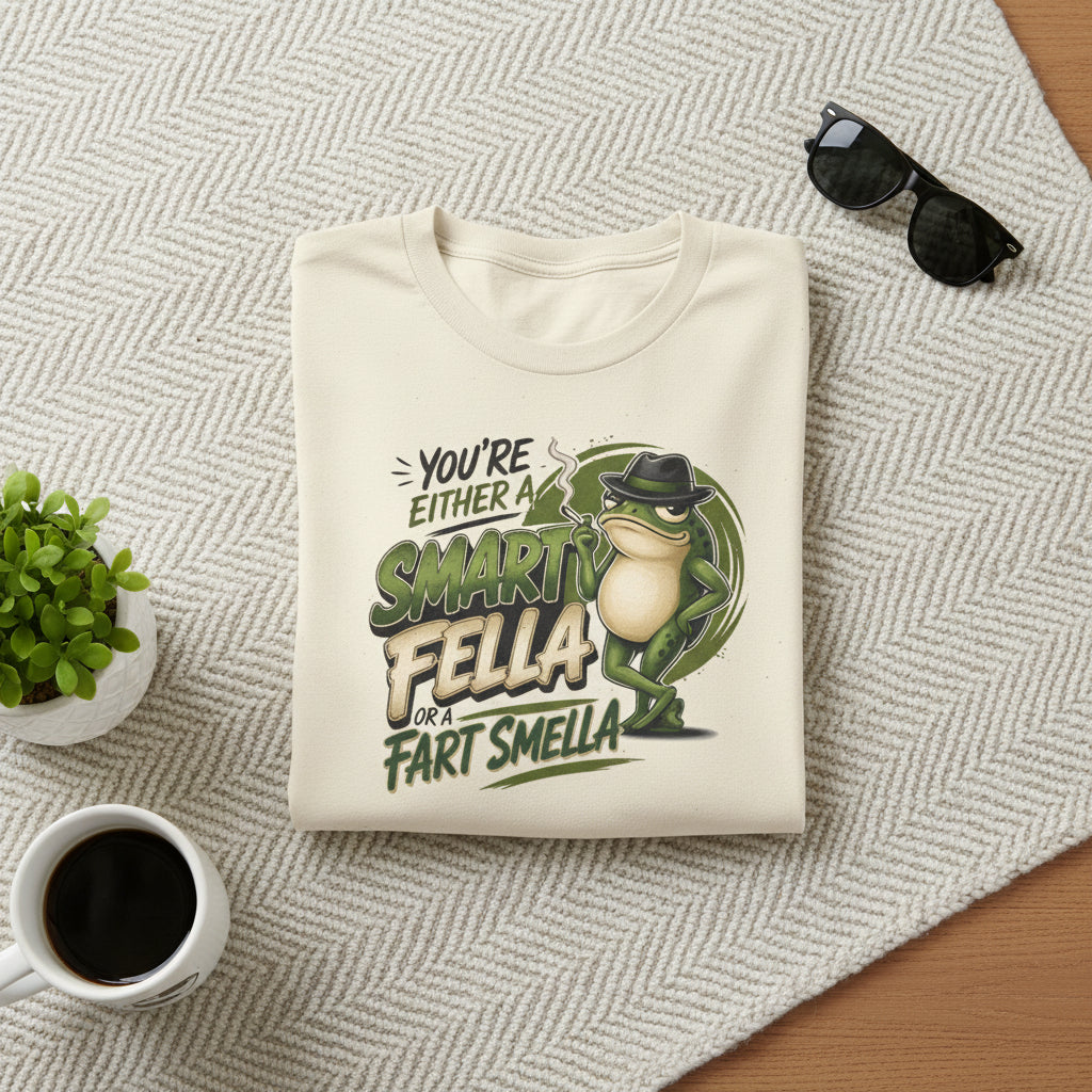 An off-white short-sleeve t-shirt with a graphic on the front featuring a cartoon frog wearing a black hat and sunglasses, next to the text 'YOU'RE EITHER SMART FELLA FART SMELLA'.