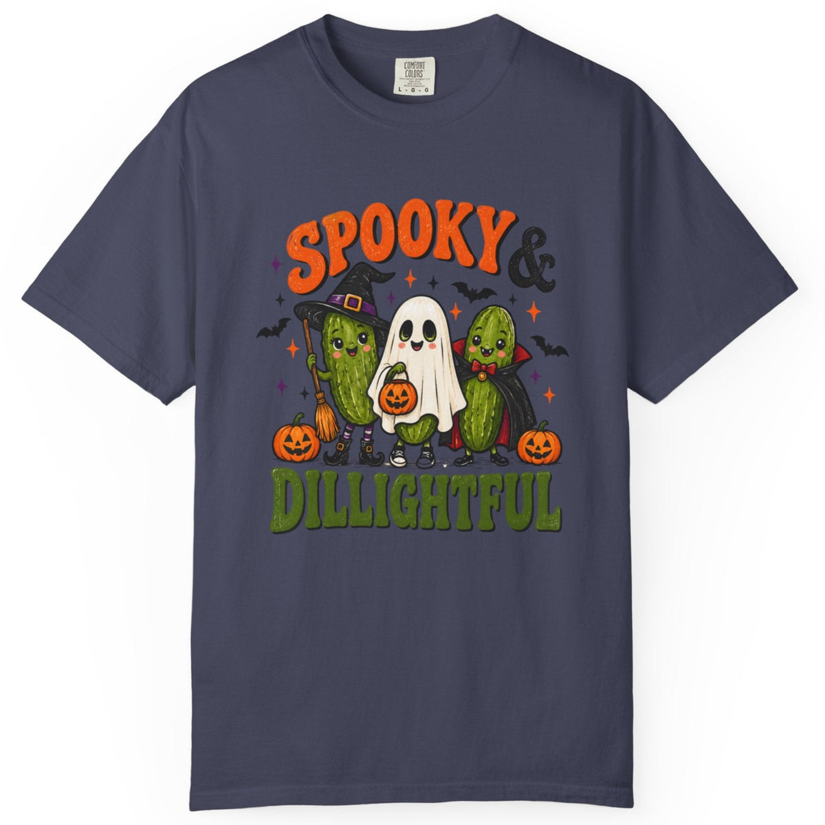A navy blue short-sleeve t-shirt with a colorful Halloween graphic on the chest featuring three cacti dressed as ghosts, pumpkins, and the text 'SPOOKY & DILIGHTFUL'.