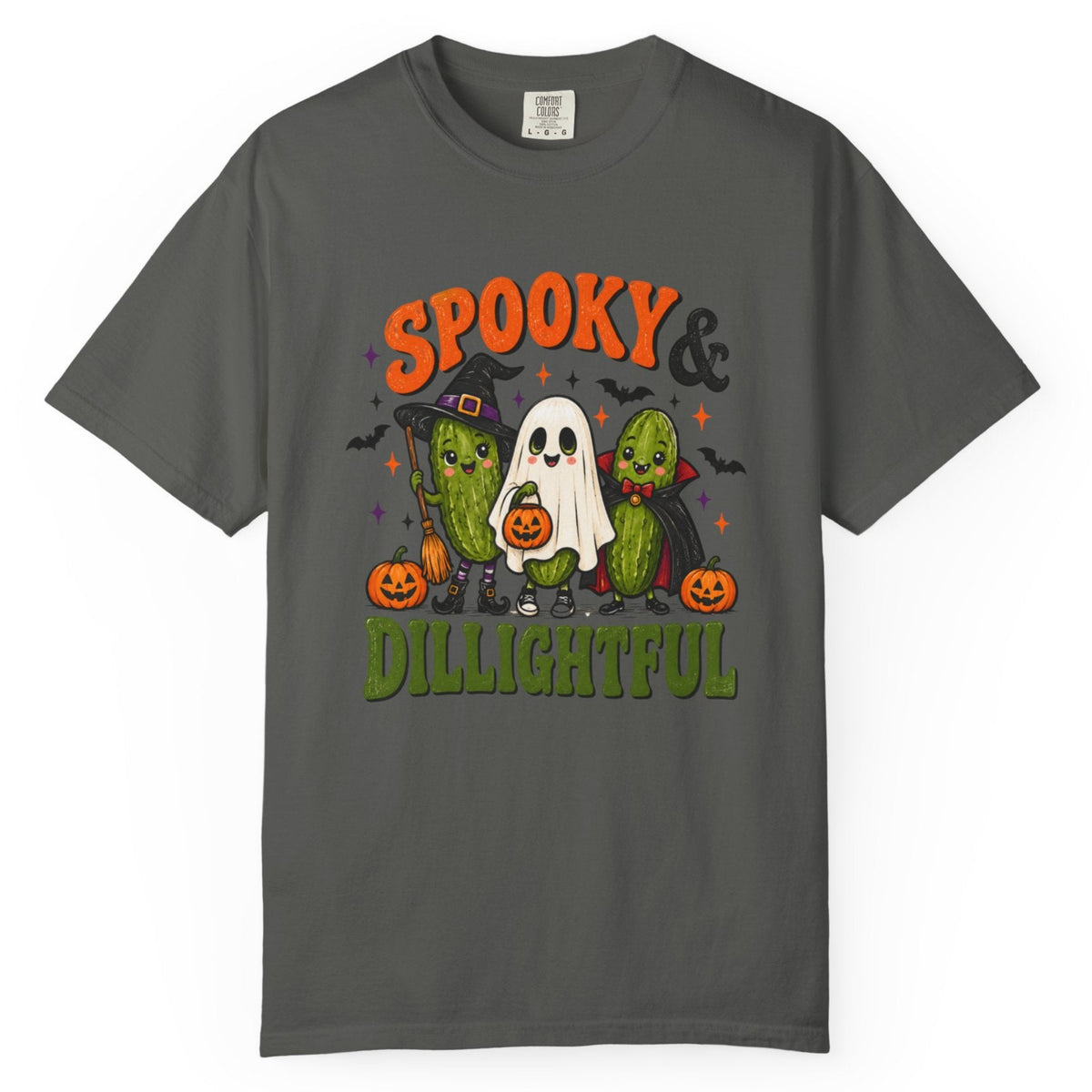 A dark gray crewneck t-shirt featuring a colorful graphic of three cute cacti dressed in Halloween costumes (wearing a witch hat, a ghost, and a pumpkin). The text 'SPOOKY &' is printed in orange above the characters, and 'DILIGHTFUL' is printed in green below them.