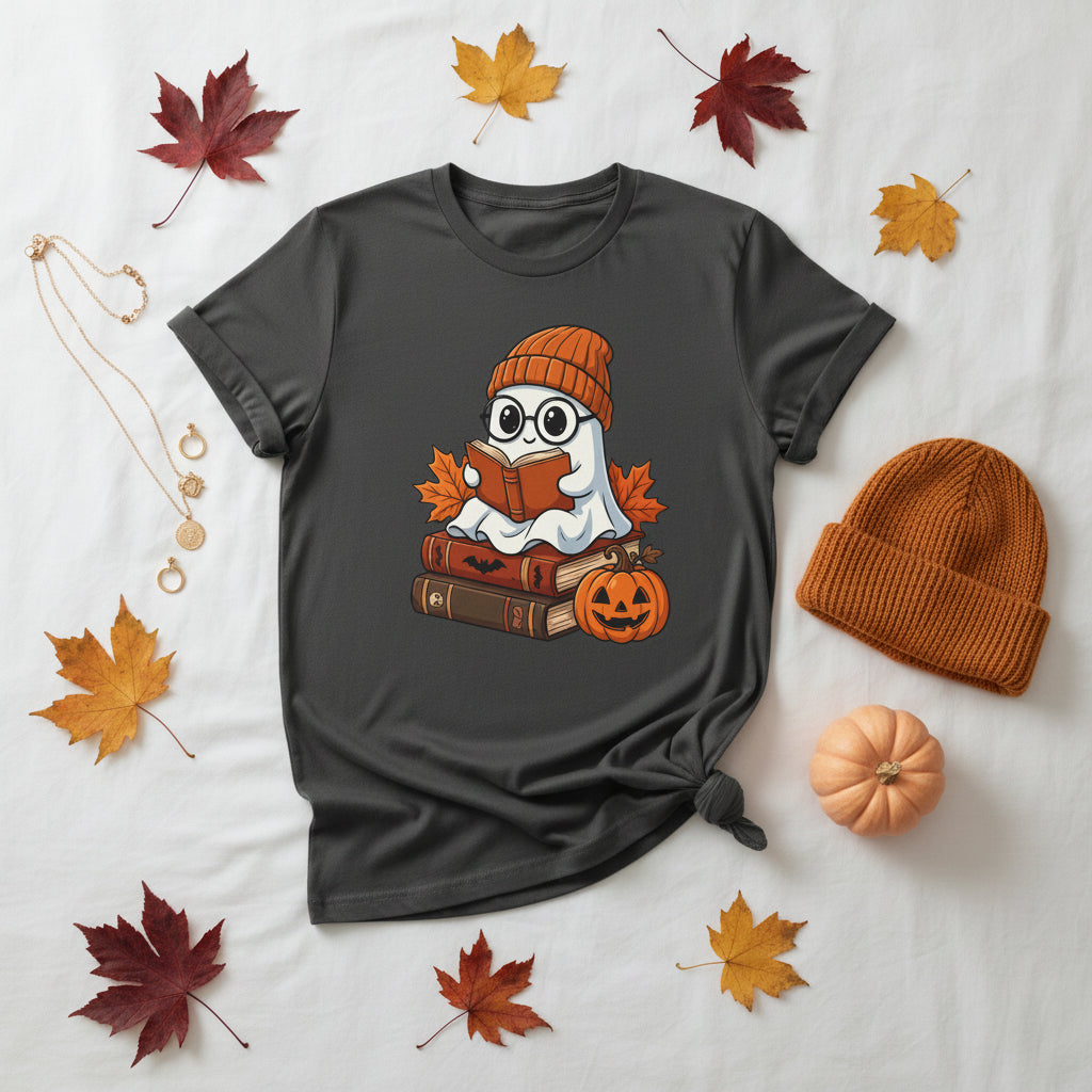 A pepper short-sleeve crewneck t-shirt featuring a cartoon graphic of a cute ghost wearing a knit orange beanie and reading a book, surrounded by autumn leaves, books, and a jack-o'-lantern pumpkin.