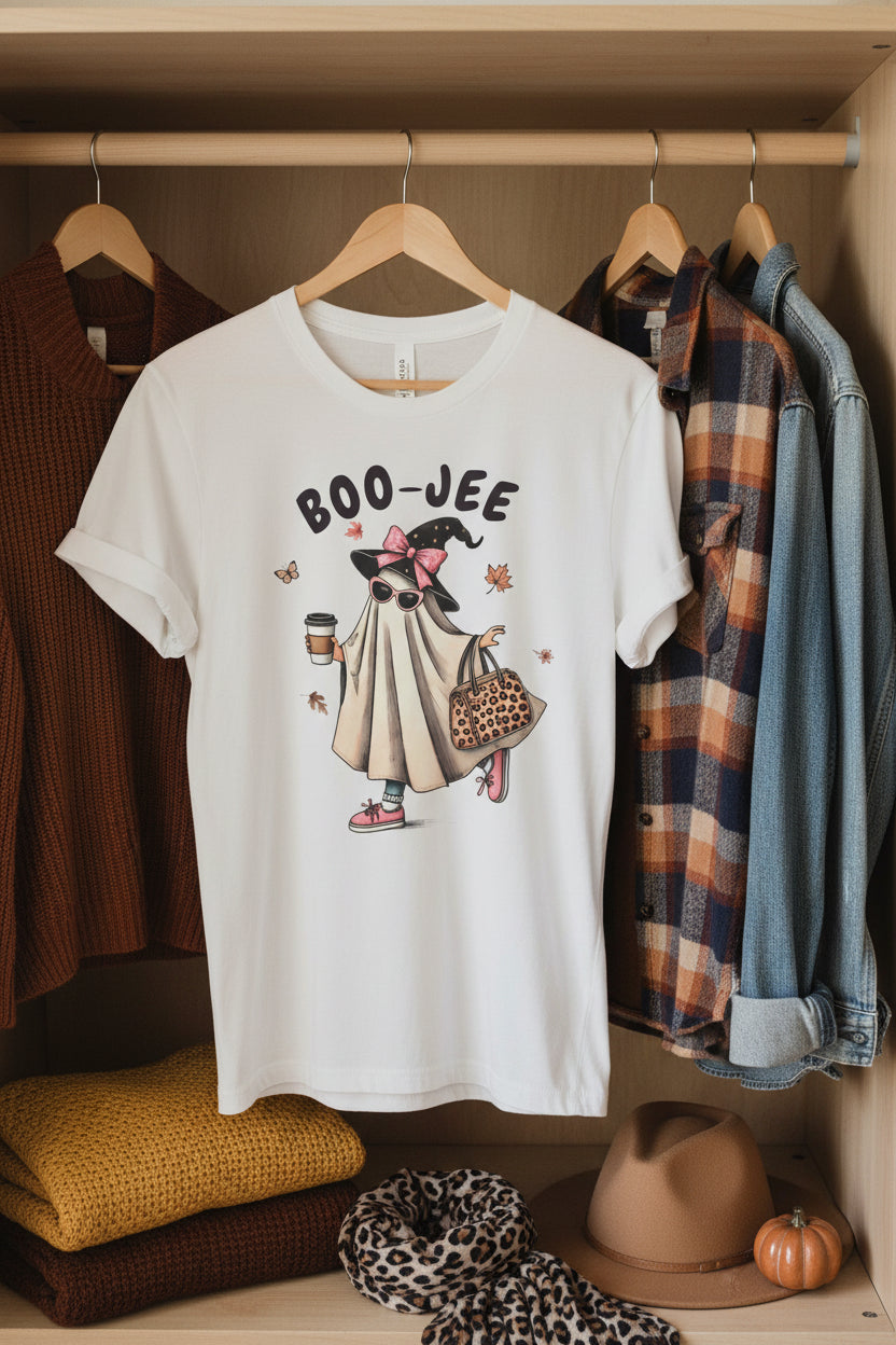 A white short-sleeve crewneck t-shirt featuring a cartoon graphic of a ghost dressed as a witch in a beige cape and black hat with a pink bow, holding a coffee cup and a leopard-print handbag, with the text 'BOO-JEE' above.