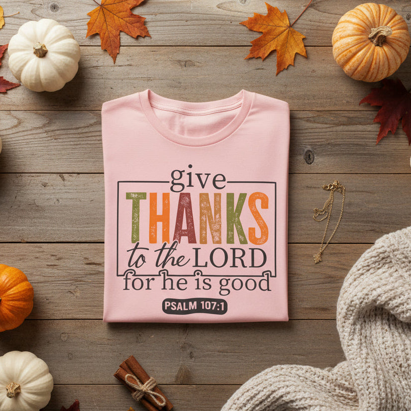 A light pink short-sleeve t-shirt with a graphic print on the front that reads 'give THANKS to the LORD for he is good PSALM 107:1'. The word 'THANKS' is printed in a distressed, multi-colored font (green, orange, and brown) inside a thin black rectangular border.