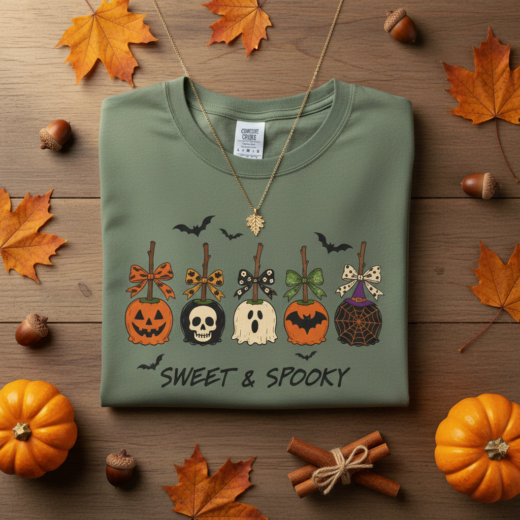 Halloween 'Sweet & Spooky' T-Shirt — Candy Apple & Pumpkin Halloween Tee