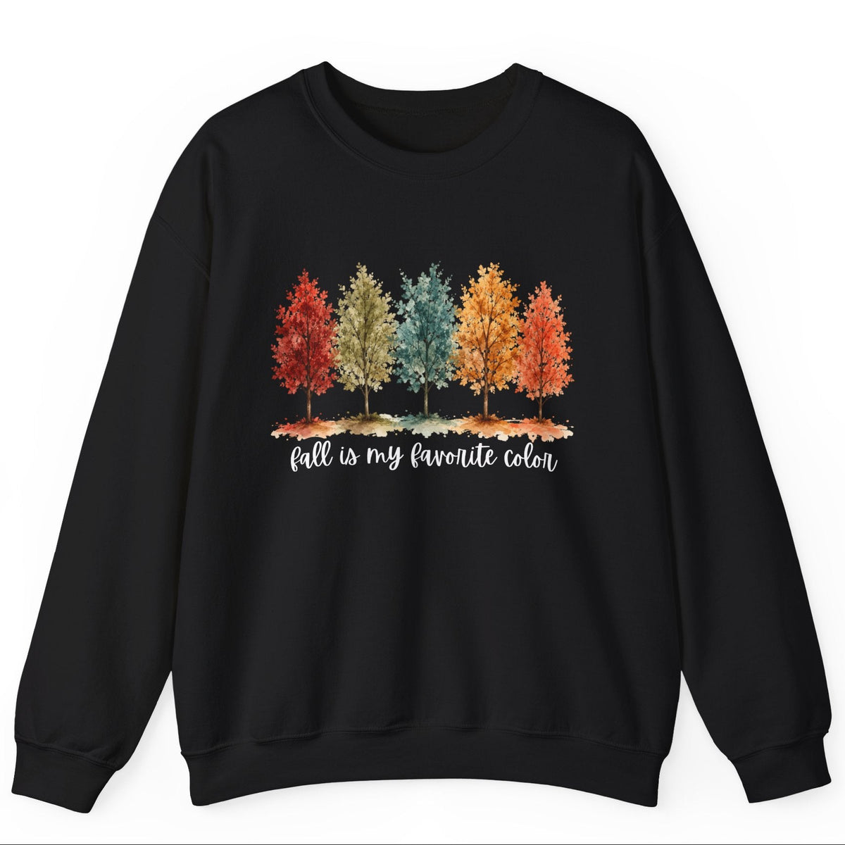 A black crewneck sweatshirt featuring a graphic of five colorful autumn trees in red, gold, blue, orange, and brown, with the text 'fall is my favorite color' printed below in white script.