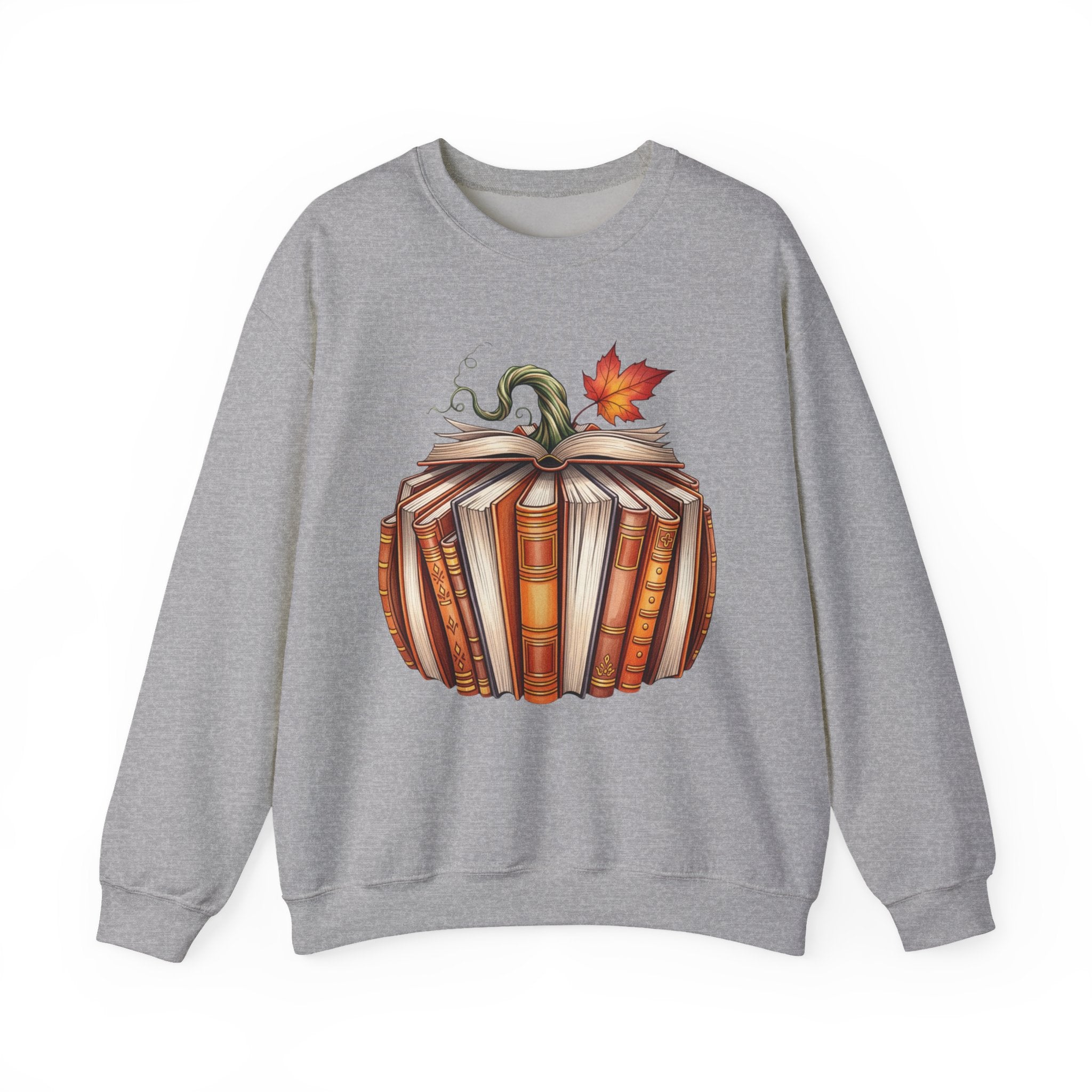 A heather gray crewneck sweatshirt featuring a graphic of a pumpkin made from stacked open books with a green stem and a red-orange autumn leaf on top, shown against a plain white background.