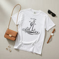 A white short-sleeve crewneck t-shirt featuring a black graphic of a hand giving a thumbs-up with ripples and the text 'i'm fine' printed on the chest.