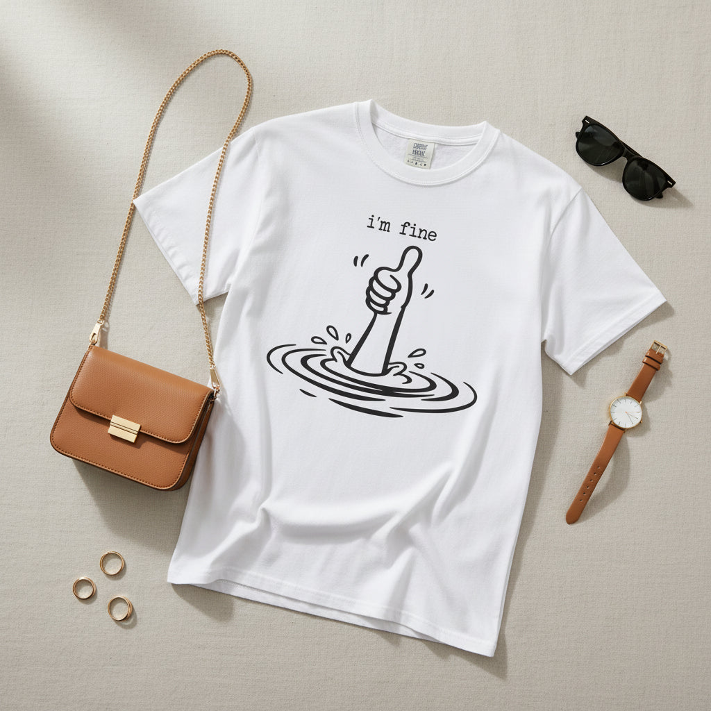 A white short-sleeve crewneck t-shirt featuring a black graphic of a hand giving a thumbs-up with ripples and the text 'i'm fine' printed on the chest.
