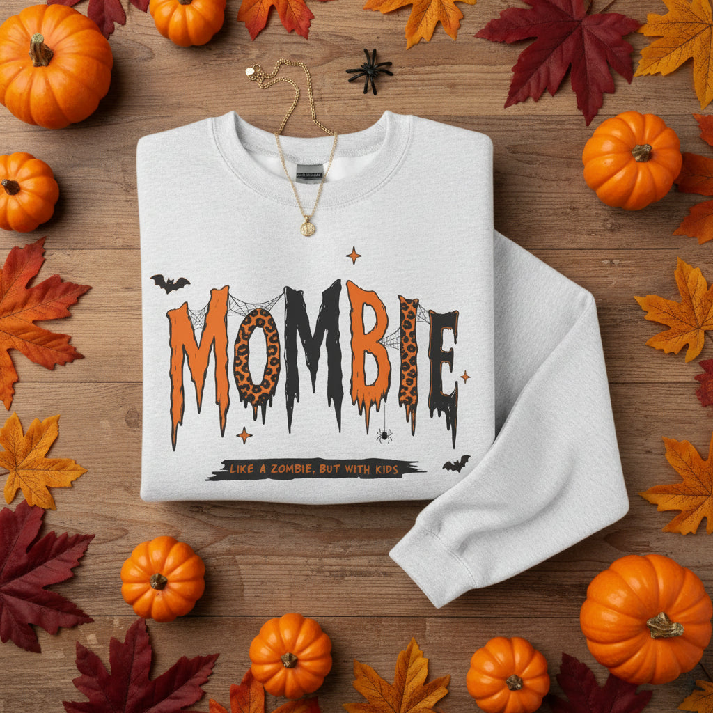 A light heather gray crewneck sweatshirt featuring a Halloween-themed graphic on the chest that reads 'MOMBIE' in dripping orange, black, and leopard-print lettering, with small bats and stars.