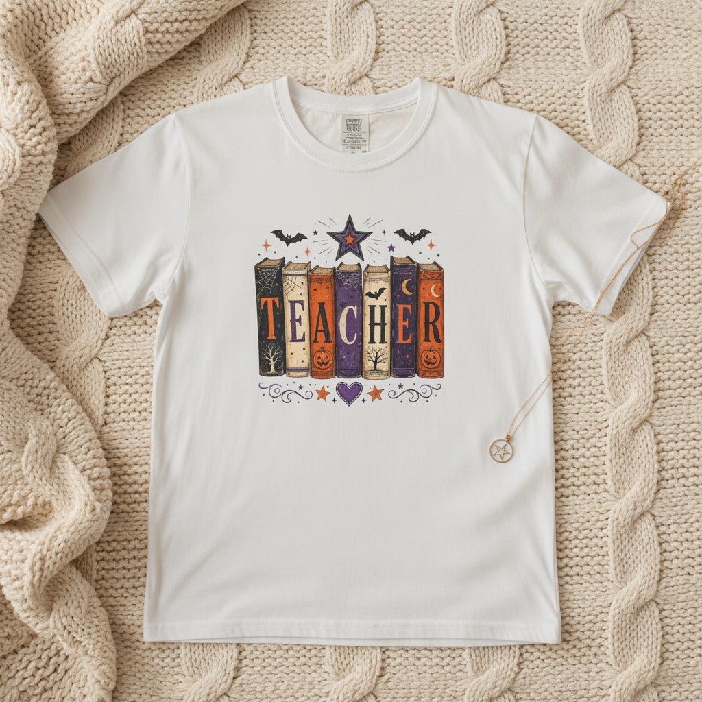 A white short-sleeve crewneck t-shirt featuring a colorful graphic of stacked Halloween-themed books spelling 'TEACHER' with bats, a star, and decorative swirls.